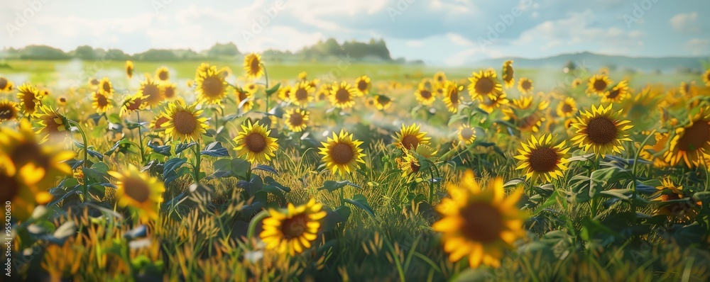 A peaceful field of sunflowers swaying in the gentle breeze, 4K hyperrealistic photo A peaceful field of sunflowers swaying in the gentle breeze, 4K hyperrealistic photo