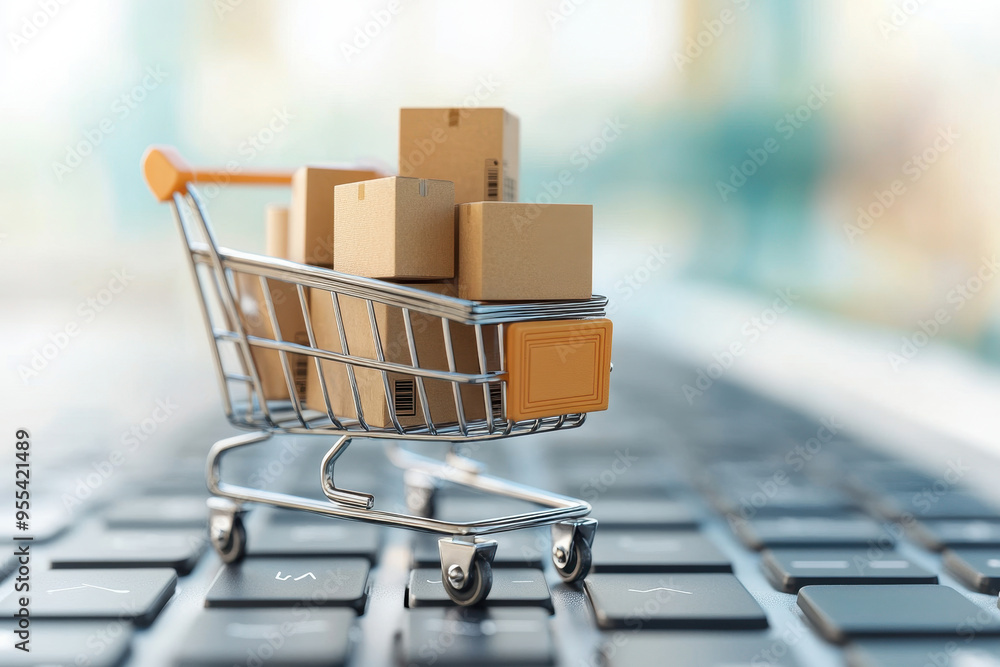 A miniature shopping cart filled with cardboard packages placed on a laptop keyboard, symbolizing the concept of online shopping and e-commerce. A miniature shopping cart filled with cardboard packages placed on a laptop keyboard, symbolizing the concept of online shopping and e-commerce.