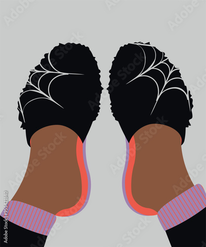 Cute Illustration with Feet on Home Slippers at Web Pattern