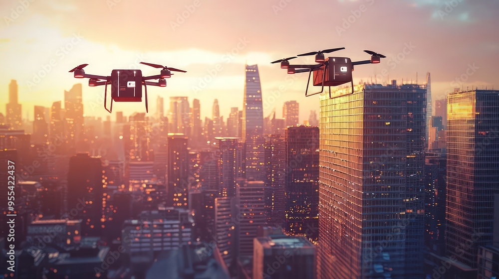 Drone Urban Delivery: Drones deliver packages in a city, tracked by a mobile app. Drone Urban Delivery: Drones deliver packages in a city, tracked by a mobile app.