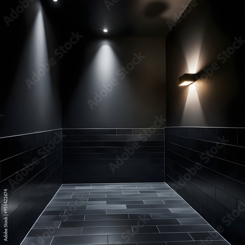 moody dark room with black tiles and black paint, dark room with wall lamp and dramatic lighting, best for background concepts and ideas for business presentation background photo