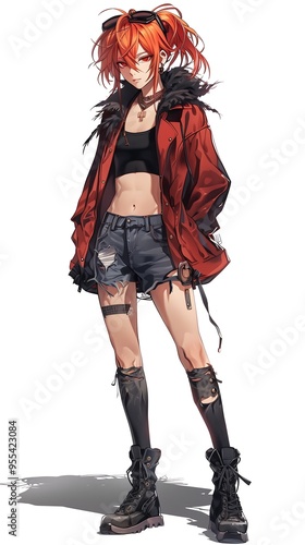 anime girl with red hair and black top posing for a picture