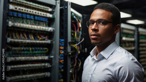 young African American businessman standing in data center