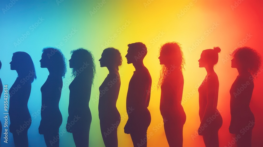 Silhouetted figures on a colorful gradient backdrop Silhouetted figures on a colorful gradient backdrop