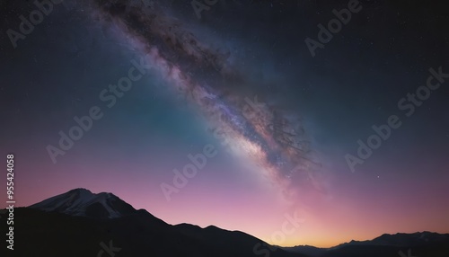 A dark silhouette of a mountain range against a vibrant sunset with a beautiful Milky Way galaxy overhead.