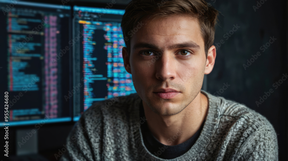 A man sitting in front of computer screen, looking at camera A man sitting in front of computer screen, looking at camera