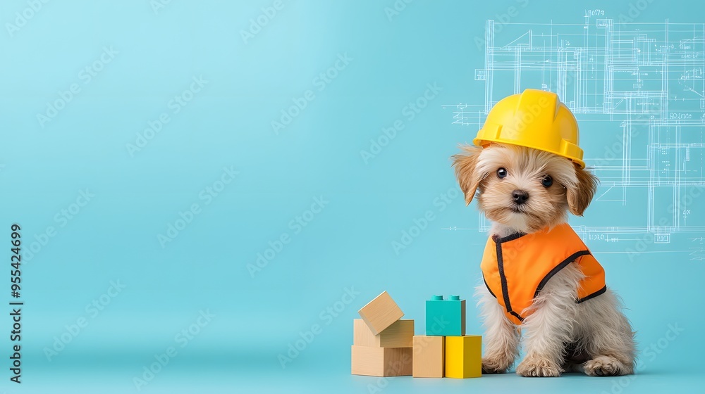 Playful Construction-Themed Pet in Yellow Hard Hat and Safety Vest Next to Building Blocks and Blueprints Playful Construction-Themed Pet in Yellow Hard Hat and Safety Vest Next to Building Blocks and Blueprints