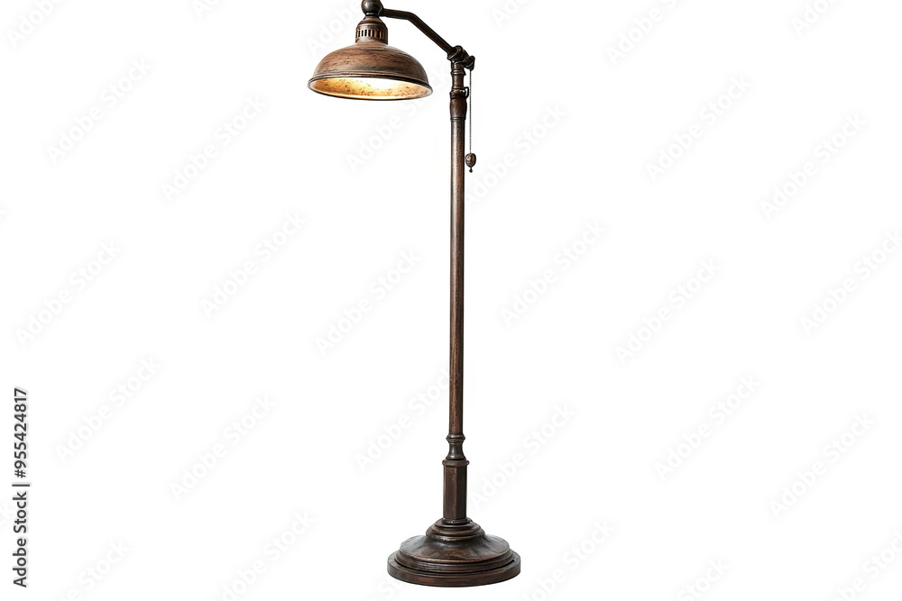 A standing lamp with a brown, dome-shaped shade and a long, adjustable arm. The lamp has a wooden base and is on a white transparent background. A standing lamp with a brown, dome-shaped shade and a long, adjustable arm. The lamp has a wooden base and is on a white transparent background.