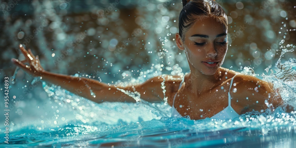 Obraz premium Woman Enjoying a Refreshing Dip in a Pool