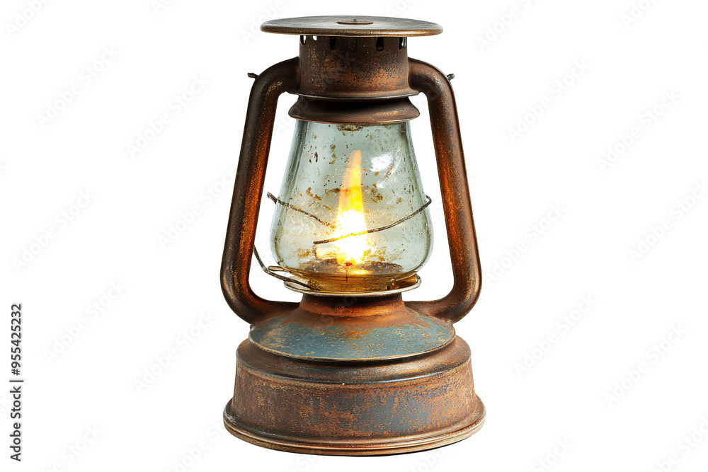 An old, rusty kerosene lantern with a lit wick inside. An old, rusty kerosene lantern with a lit wick inside.