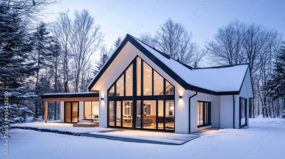An exterior view of a Nordic-style house with a clean, geometric design, large windows, and a snow-covered roof, showcasing the simplicity and elegance of the architecture. An exterior view of a Nordic-style house with a clean, geometric design, large windows, and a snow-covered roof, showcasing the simplicity and elegance of the architecture.