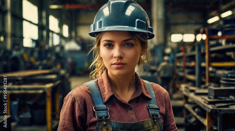 Female worker in hardhat standing at factory. Female worker in hardhat standing at factory.