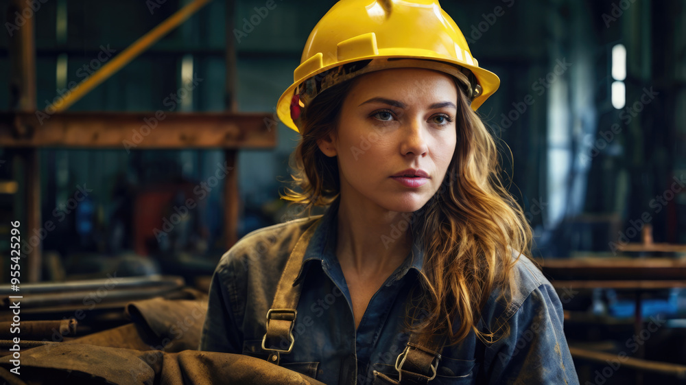 Female worker in hardhat looking at camera in factory. Female worker in hardhat looking at camera in factory.