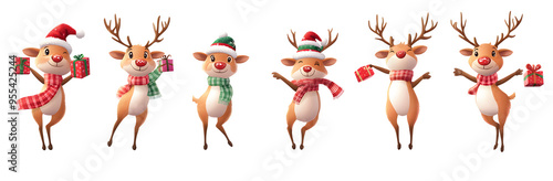 Christmas reindeer characters vector set design. Reindeer christmas cute character in jumping, standing, holding gift box, coffee and wearing hat and scarf collection isolated in white background. photo