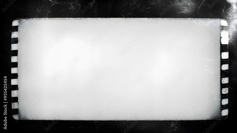 Obraz premium Grunge empty film background frame border. Dirty distressed black and white vintage 8k 16:9 weathered old texture with copy space. Retro analog light leaks overlay template or backdrop 3D rendering.