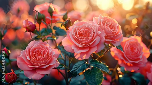 Pink roses in a sunlit garden, romantic atmosphere. Nature and beauty concept