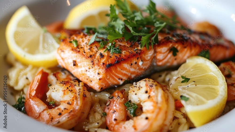 A close-up of a delicious Norwegian seafood dish, with perfectly cooked salmon and shrimp, garnished with fresh herbs and lemon wedges. A close-up of a delicious Norwegian seafood dish, with perfectly cooked salmon and shrimp, garnished with fresh herbs and lemon wedges.