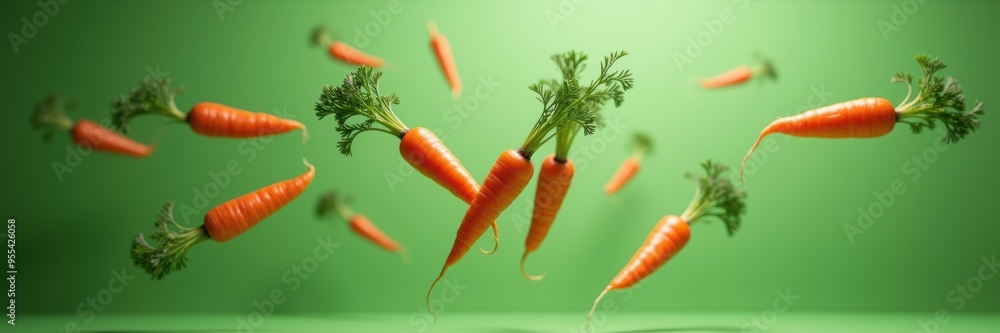 Fresh carrots with green tops arranged around the edges on a vibrant green background, perfect for a healthy food-themed advertising banner. Fresh carrots with green tops arranged around the edges on a vibrant green background, perfect for a healthy food-themed advertising banner.