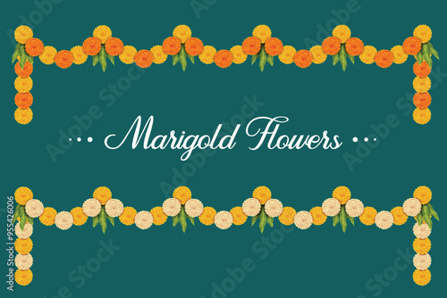 Marigold Flower Garland And Mango Leaves Hanging On Auspicious Traditional Hindu Festival. Vector Illustration for Festive Elements