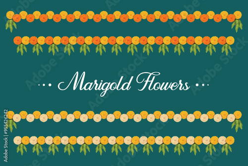 Marigold Flower Garland And Mango Leaves Hanging On Auspicious Traditional Hindu Festival. Vector Illustration for Festive Elements
