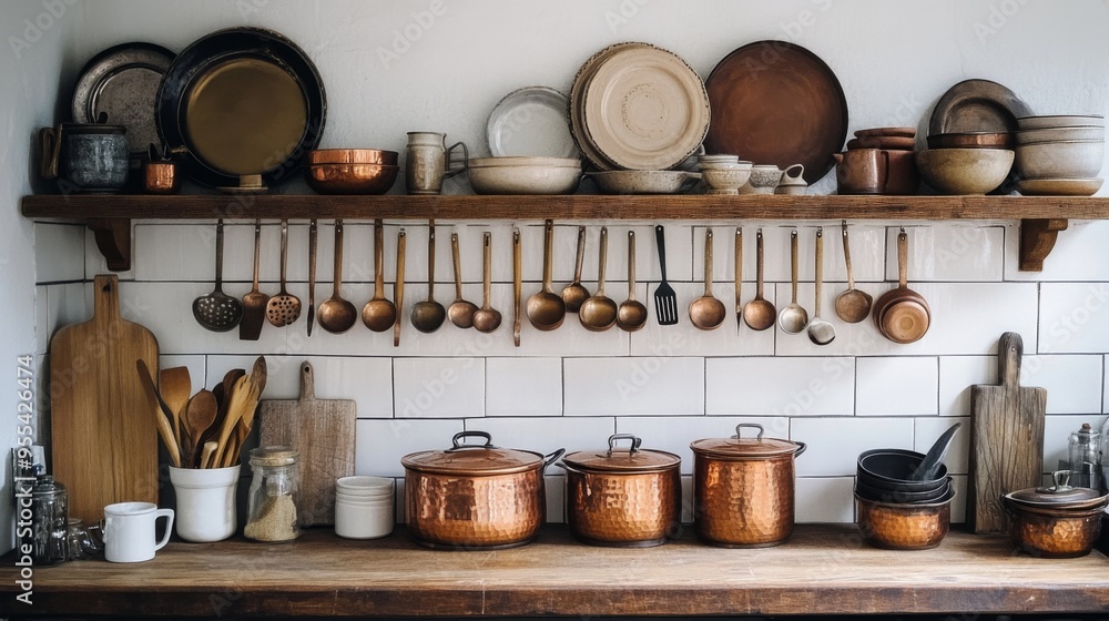 An organized kitchen display with copper pots, enamelware, and wooden utensils arranged on a farmhouse-style shelf, adding warmth and charm to the culinary space. An organized kitchen display with copper pots, enamelware, and wooden utensils arranged on a farmhouse-style shelf, adding warmth and charm to the culinary space.