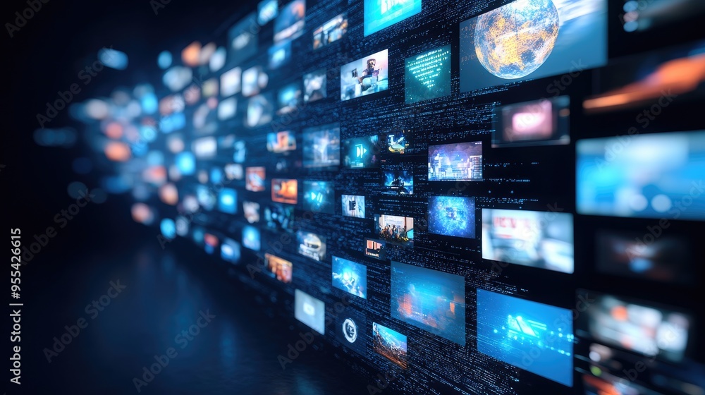 A collection of television screens showcases diverse media content in an expansive setup, with the Earth featured to emphasize global marketing strategies. A collection of television screens showcases diverse media content in an expansive setup, with the Earth featured to emphasize global marketing strategies.