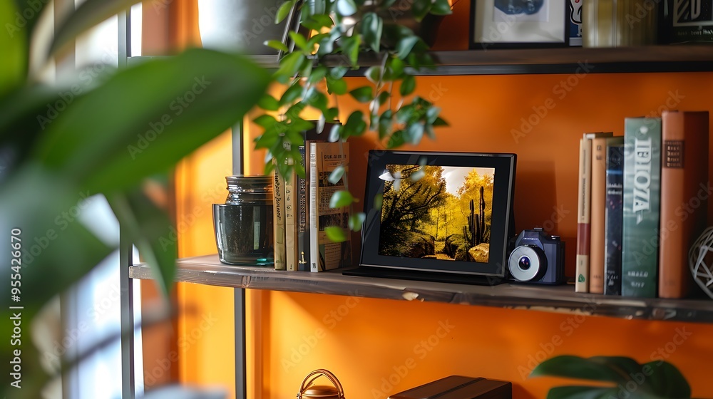 A digital photo frame displaying rotating images, placed on a minimalist bookshelf. A digital photo frame displaying rotating images, placed on a minimalist bookshelf.