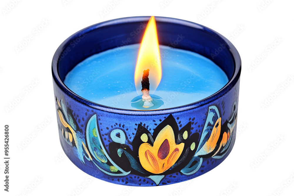 A blue candle with floral design burns brightly against a white transparent background. A blue candle with floral design burns brightly against a white transparent background.