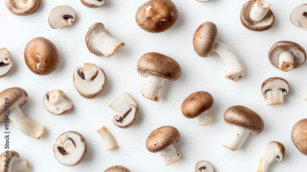 An overhead view of mushrooms scattered on a white background, with some whole and others sliced, creating a visually appealing arrangement. An overhead view of mushrooms scattered on a white background, with some whole and others sliced, creating a visually appealing arrangement.