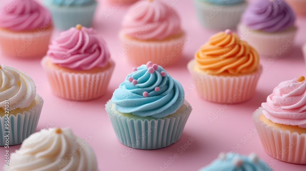 Colorful cupcakes with swirled frosting arranged on a pink backdrop Colorful cupcakes with swirled frosting arranged on a pink backdrop