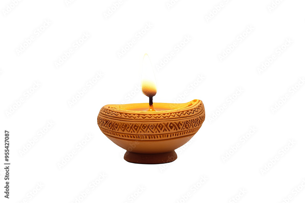 A single, lit candle in a traditional diya, a small oil lamp used in many cultures, with a flame burning brightly against a white transparent background. A single, lit candle in a traditional diya, a small oil lamp used in many cultures, with a flame burning brightly against a white transparent background.