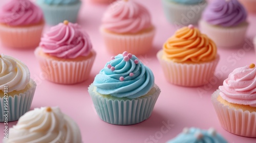 Colorful cupcakes with swirled frosting arranged on a pink backdrop