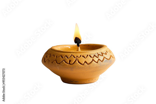 A single lit candle in a small, yellow, clay pot with a decorative design, isolated on a white transparent background.