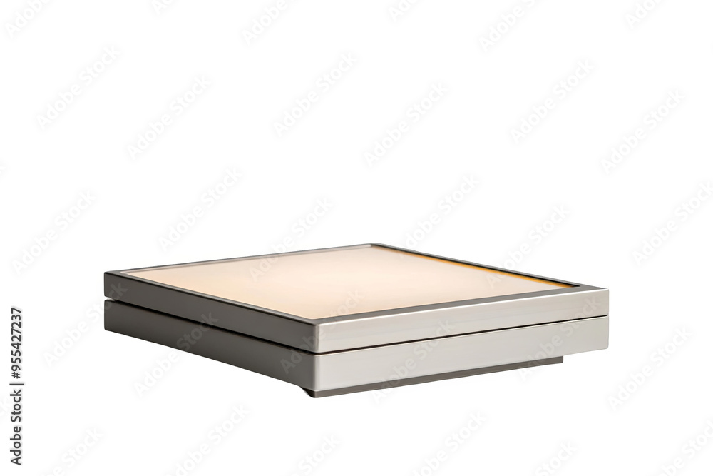A modern square light fixture with a white frame and a bright white light emitting from the top. A modern square light fixture with a white frame and a bright white light emitting from the top.