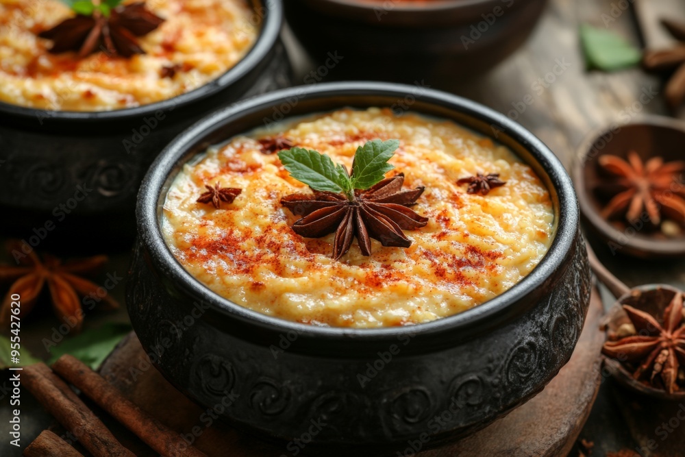 Creamy Indian rice pudding infused with spices and topped with star anise, creating a warm and aromatic dessert perfect for special occasions. Creamy Indian rice pudding infused with spices and topped with star anise, creating a warm and aromatic dessert perfect for special occasions.