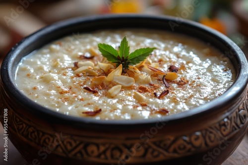 Rich and creamy rice pudding garnished with roasted cashews, served in a decorative bowl, offering a comforting and traditional Indian dessert.