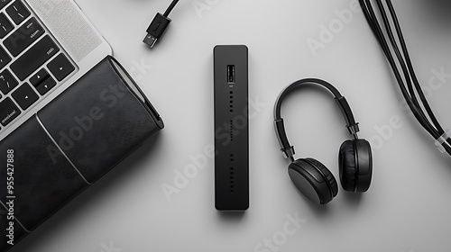 A digital voice recorder with a sleek design, lying next to a USB cable and headphones.