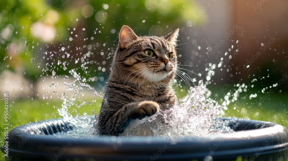 An overweight cat playfully splashing in a small kiddie pool in a backyard, enjoying a sunny day and looking happy. An overweight cat playfully splashing in a small kiddie pool in a backyard, enjoying a sunny day and looking happy.