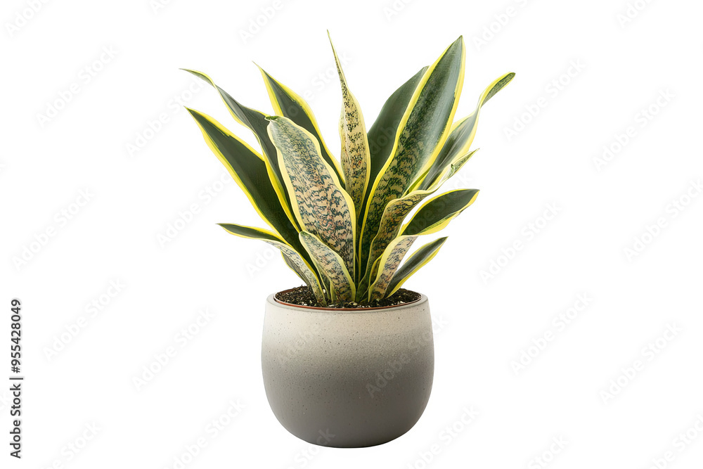 A potted snake plant with green and yellow striped leaves. A potted snake plant with green and yellow striped leaves.