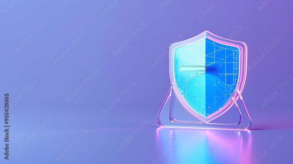 Futuristic neon shield symbol with a digital grid pattern, representing cybersecurity, protection, and technology in a glowing purple background.