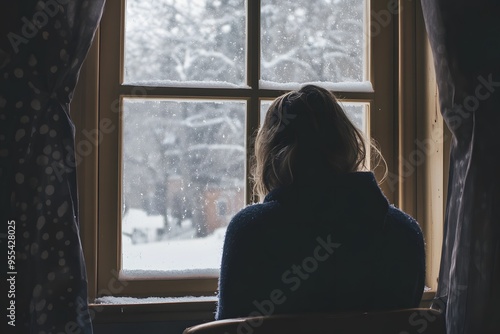 A person sitting at a window looking out into a gray winter day, reflecting seasonal sadness and depression