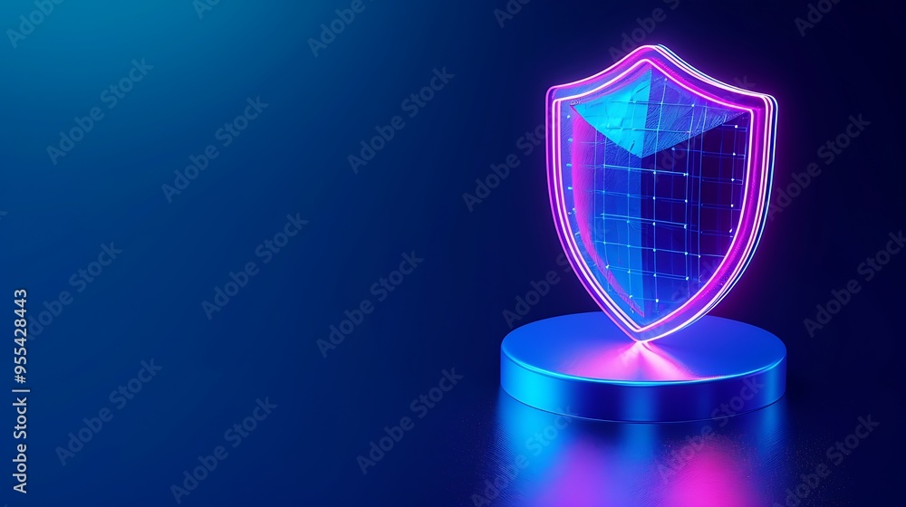 Futuristic neon shield symbolizing cybersecurity protection and digital safety. Vibrant colors on a dark background for technology themes. Futuristic neon shield symbolizing cybersecurity protection and digital safety. Vibrant colors on a dark background for technology themes.