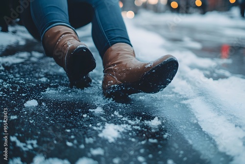 A person slipping on an icy sidewalk, falling and hurting themselves