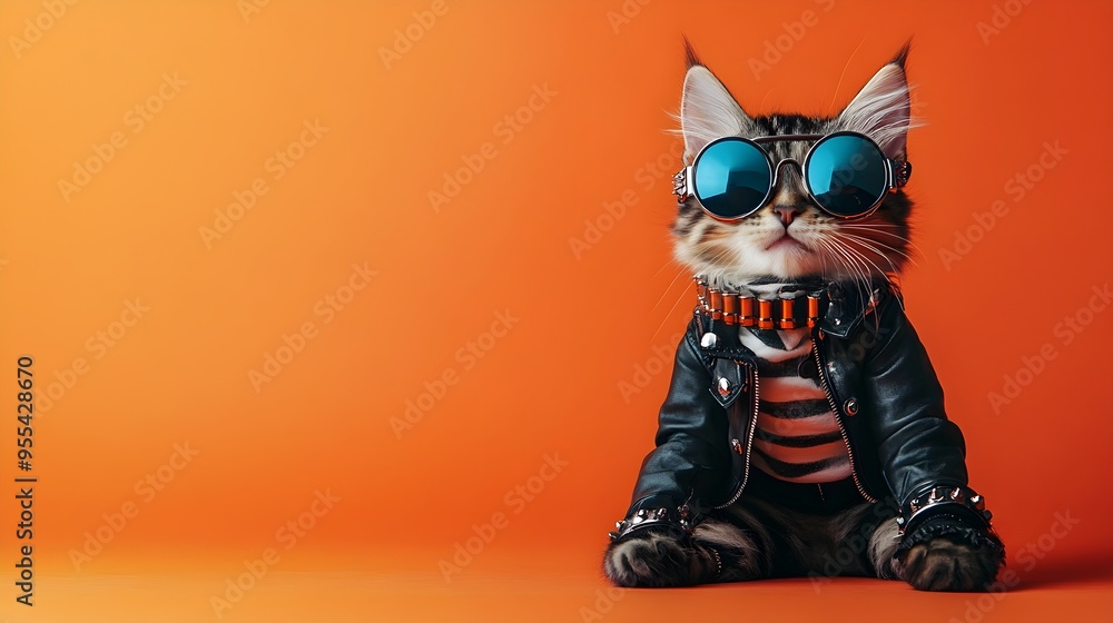 Punk-Inspired Feline Portrait:Surreal Cat Wearing Leather Jacket and Sunglasses in Studio Setting Punk-Inspired Feline Portrait:Surreal Cat Wearing Leather Jacket and Sunglasses in Studio Setting