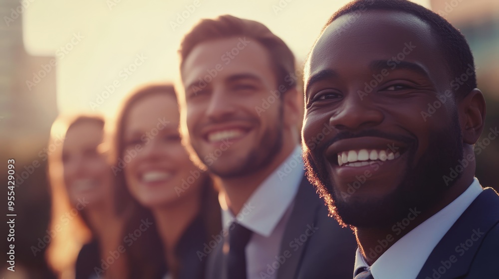 Fototapeta premium Smiling professionals in business attire showcasing teamwork during a sunset meeting outdoors