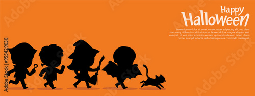 Silhouette of Children dressed in Halloween costumes to go Trick or Treating with a cat. Halloween costume kids in spooky holiday. Template for advertising brochure.