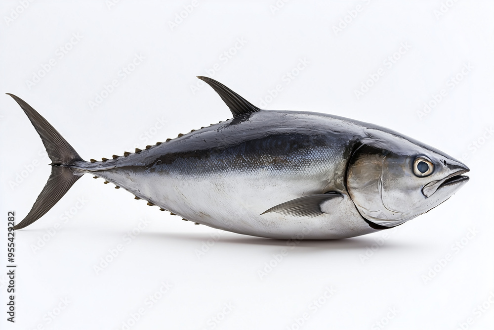 Fototapeta premium Fresh mackerel isolated on white background, Close up shot tuna with fin. 