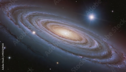 A spiral galaxy with a bright star in the upper right corner. The galaxy is seen from an angle, and its spiral arms are visible. There are many stars in the background.