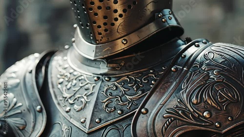 Close-up of medieval knight armor with intricate engravings, historical reenactment concept