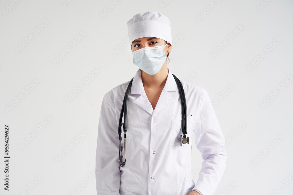 Portrait of young female doctor wearing protective medical face mask on white background, copy space Portrait of young female doctor wearing protective medical face mask on white background, copy space